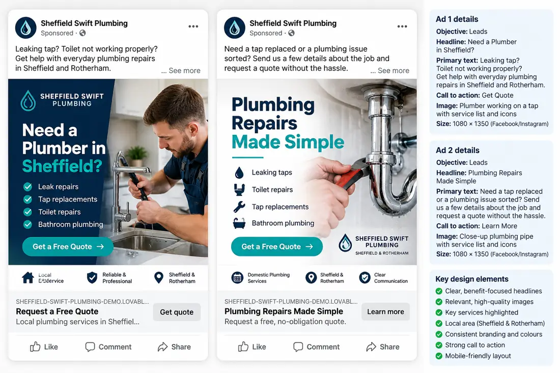 Two fictional Sheffield Swift Plumbing Facebook advertising design concepts side by side, with accompanying concept notes